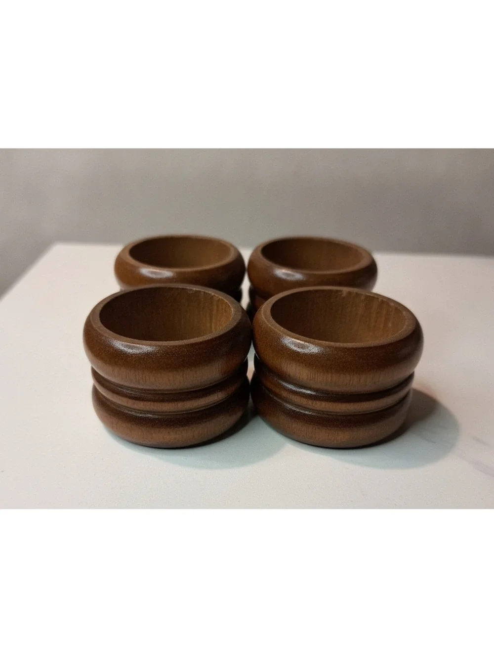 Vintage Set of 4 Dark Wood Carved Ribbed Napkin Rings